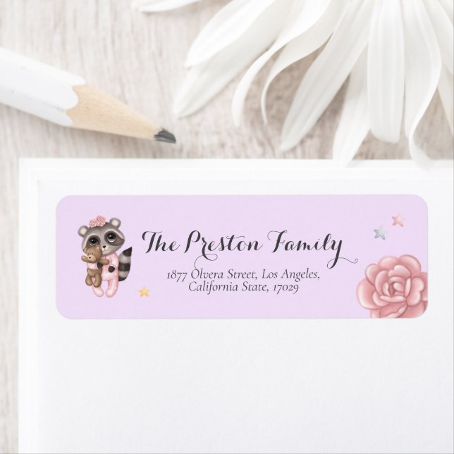 Raccoon Animal Girl Baby Shower Returadress Returadress Etikett (Insitu)
