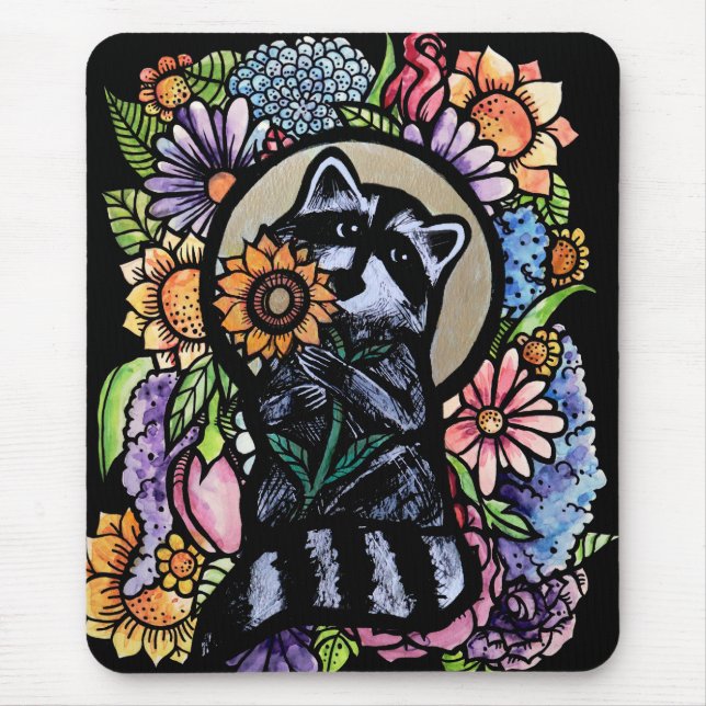 Raccoon Art Flower Raccoons Design med solros Musmatta (Framsidan)