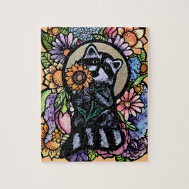 Raccoon Art Flower Raccoons Design med solros Pussel