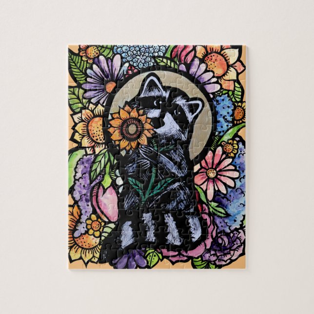 Raccoon Art Flower Raccoons Design med solros Pussel (Vertikal)