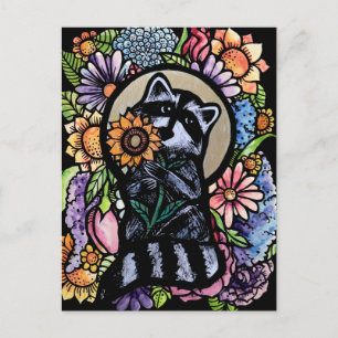 Raccoon Art Flower Raccoons Design med solros Vykort
