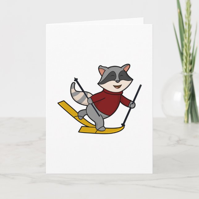 Raccoon as Skier med Skis & Ski poles Kort (Framsida)