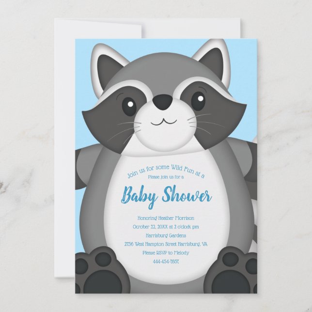 Raccoon Baby Shower Blue Inbjudningar (Framsida)