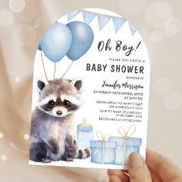 Raccoon Baby Shower Boy Blue Balloons Arch Inbjudningar