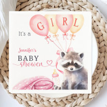 Raccoon Baby Shower Girl Rosa Cute Papper