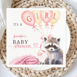Raccoon Baby Shower Girl Rosa Cute Papper Pappersservett
