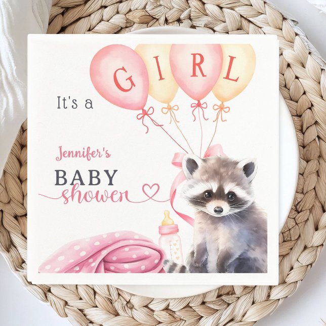 Raccoon Baby Shower Girl Rosa Cute Papper Pappersservett (Skapare uppladdad)