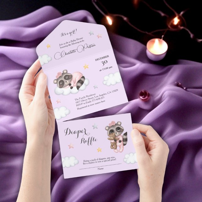 Raccoon Baby Shower Lavender (Gentle Raccoon Animal Girl Baby Shower All In One Invitation)