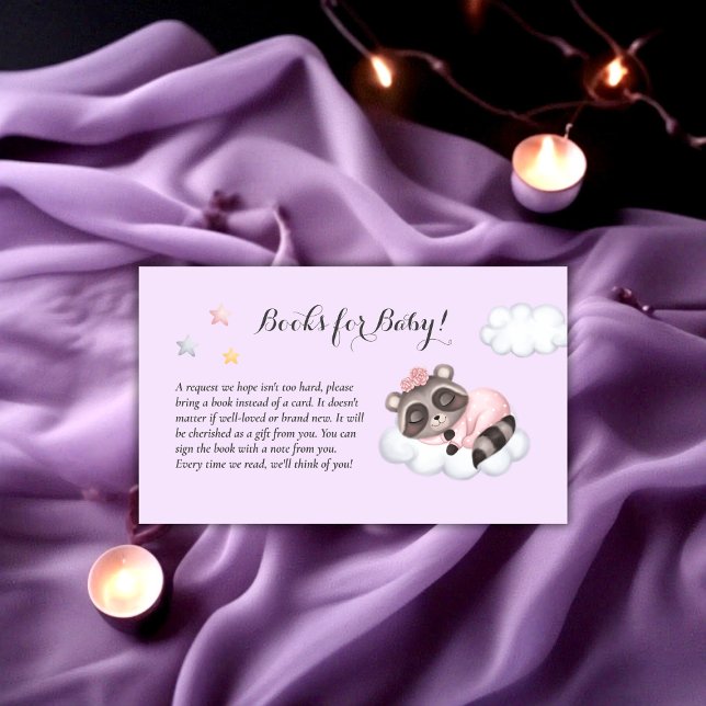 Raccoon Baby Shower Lavender Bokar för Baby Tilläggskort (Raccoon Animal Girl Baby Shower Books For Baby Enclosure Card)