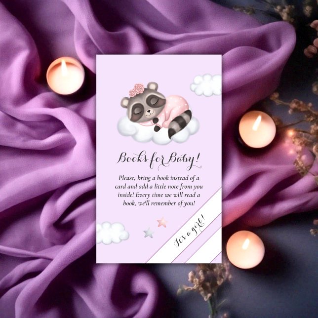 Raccoon Baby Shower Lavender Bokar för Baby Tilläggskort (Raccoon Animal Girl Baby Shower Books For Baby Enclosure Card)