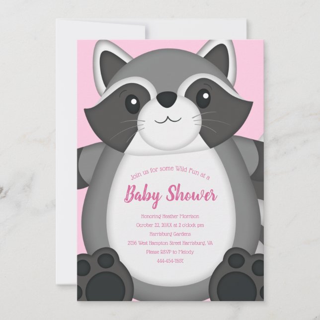 Raccoon Baby Shower Rosa Inbjudningar (Framsida)