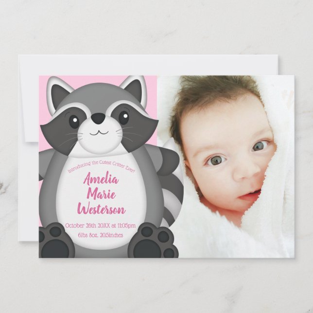 Raccoon Baby Shower Rosa Inbjudningar (Framsida)
