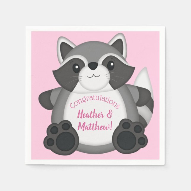 Raccoon Baby Shower Rosa Pappersservett (Framsidan)
