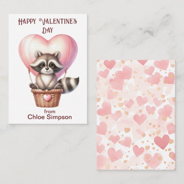 Raccoon Balloon Barn Valentine Classroom Party Anteckningskort (Fram/baksida)