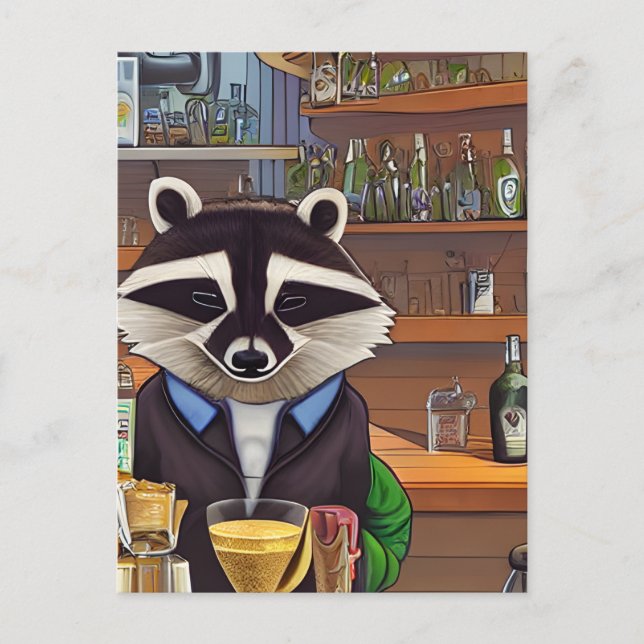 Raccoon Bartender Vykort (Framsida)