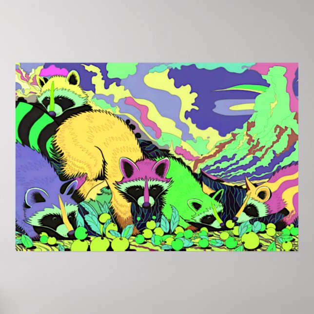 Raccoon Berries Surreal Wall Art Poster (Framsidan)
