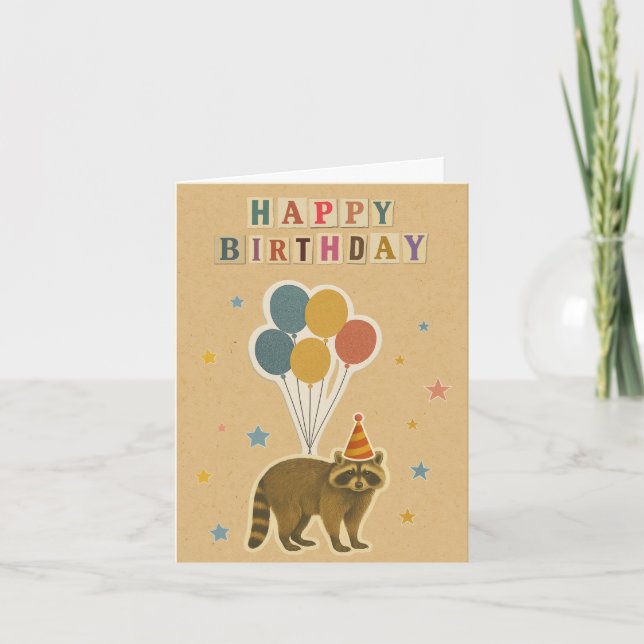 Raccoon Birthday Card på Kraft-bakgrunden Kort (Framsida)
