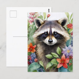 Raccoon Blommigt Watercolor Art Art Vykort