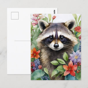 Raccoon Blommigt Watercolor Art Art Vykort