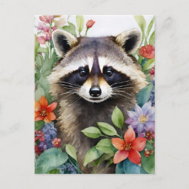 Raccoon Blommigt Watercolor Art Art Vykort