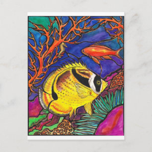 Raccoon Butterflyfish and Seahorse Art Vykort