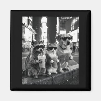 Raccoon Cat Dog Drinking Iced Coffee Funny Animal Magnet