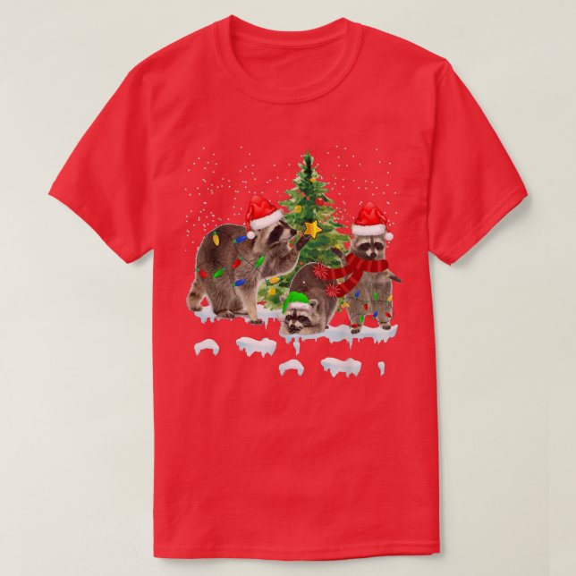 Raccoon Christmas Tree Lights Pajama Racoon Lover  T Shirt (Design framsida)