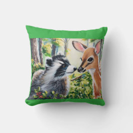 raccoon, deer throw pillow kudde