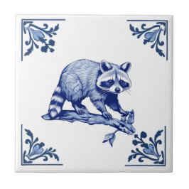 Raccoon Delft Blue and White Corners Woodland Kakelplatta