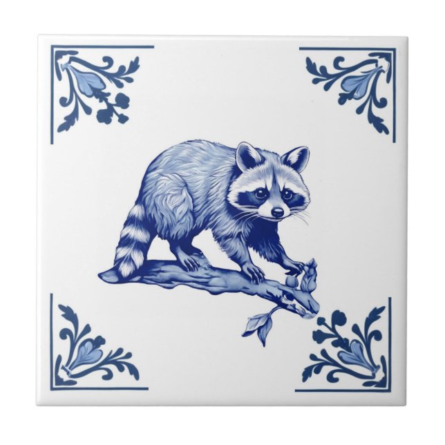 Raccoon Delft Blue and White Corners Woodland Kakelplatta (Framsidan)