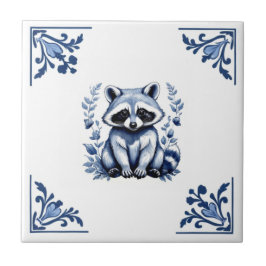 Raccoon Delft Blue White Corners Woodland Animals Kakelplatta