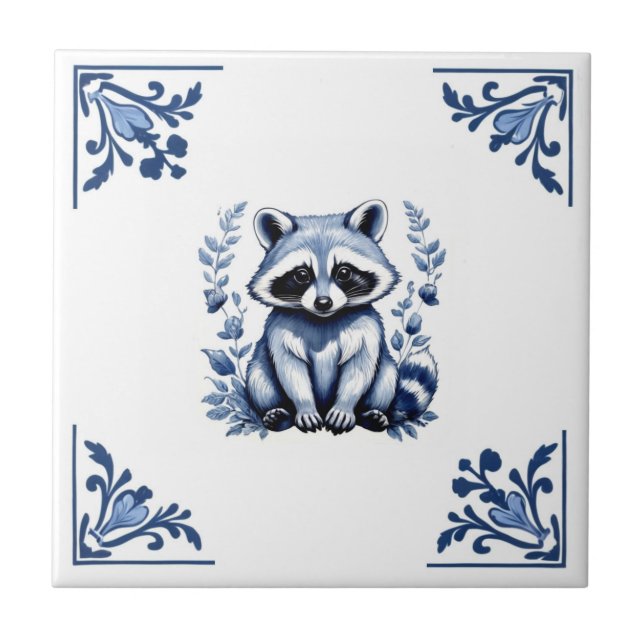 Raccoon Delft Blue White Corners Woodland Animals Kakelplatta (Framsidan)