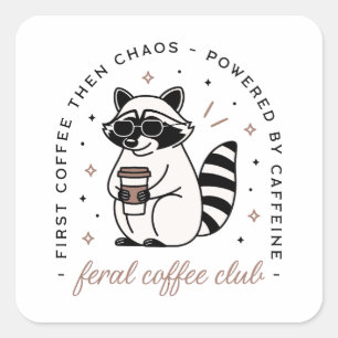 Raccoon dricker kaffe klubb lustigt fyrkantigt klistermärke