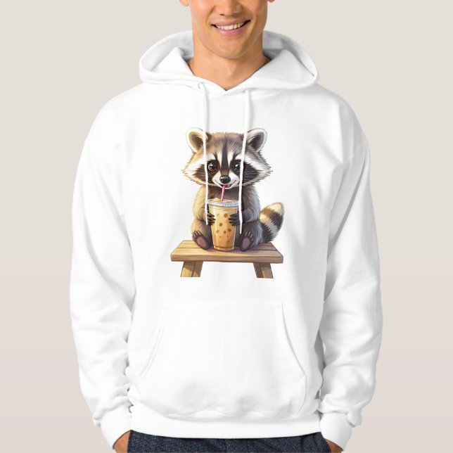 Raccoon Drinking Iced Coffee Hoodie (Framsida)