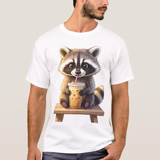 Raccoon Drinking Iced Coffee T Shirt (Framsida)