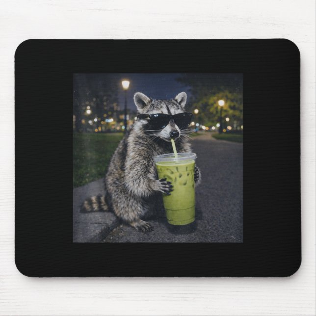 Raccoon drinking iced matcha latte funny animal musmatta (Framsidan)