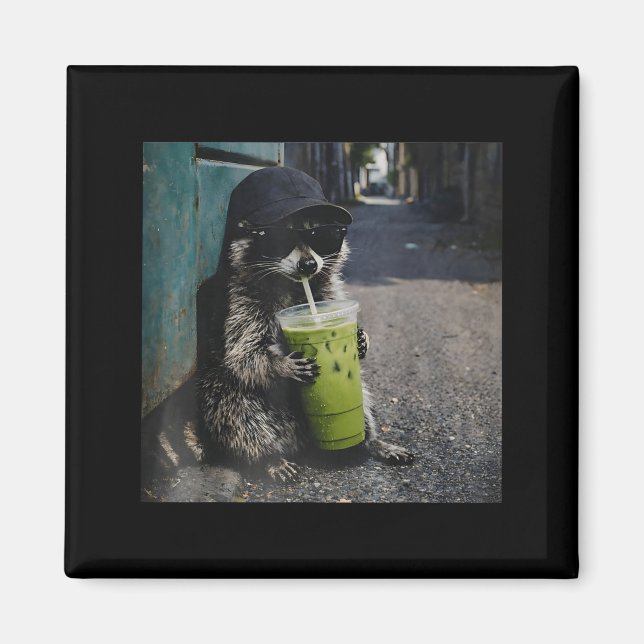 Raccoon drinking matcha latte funny animal meme me magnet (Framsidan)