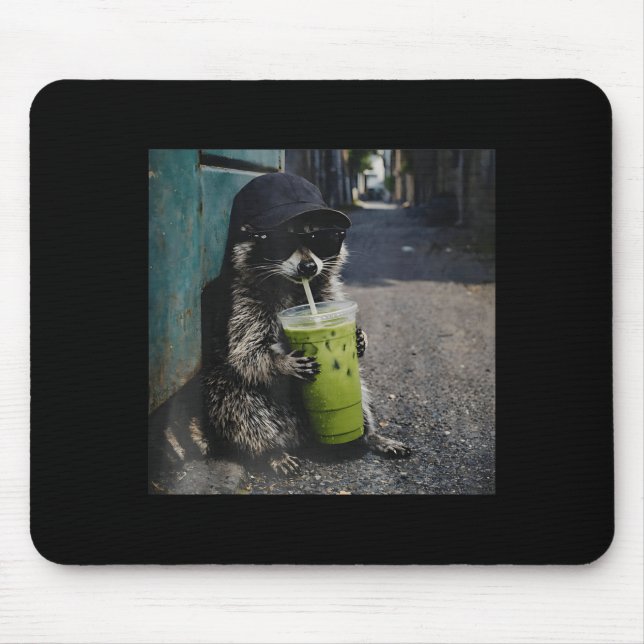 Raccoon drinking matcha latte funny animal meme me musmatta (Framsidan)