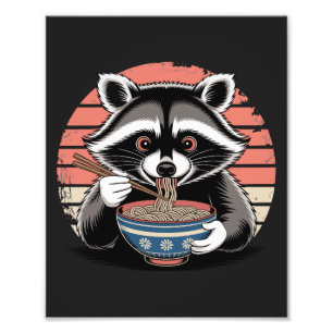 Raccoon Eating Ramen Japansk Vintage Stil Fototryck