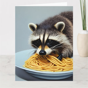 Raccoon Eating Spaghetti Greeting Card Kort