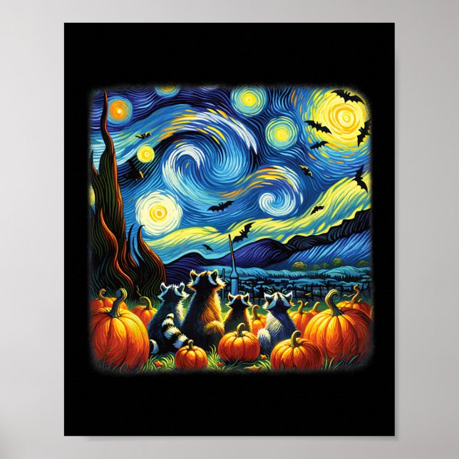 Raccoon Fall Halloween Van Gogh Starry Night Pumpk Poster (Framsidan)