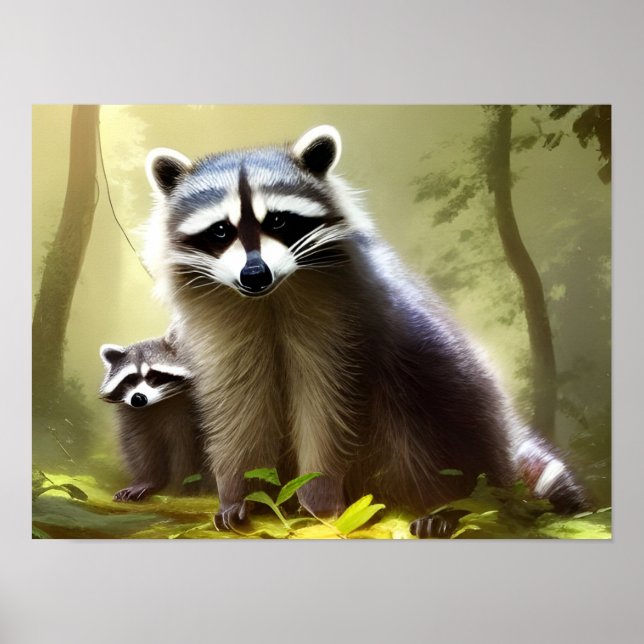 Raccoon Family Wildlife Porträtt Poster (Framsidan)