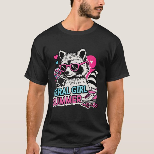 Raccoon Feral Girl Summer Cute Retro Racoon Sungla T Shirt (Framsida)