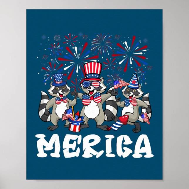Raccoon Fireworks Sunglasses Hat Merica Funny 4:e Poster (Framsidan)