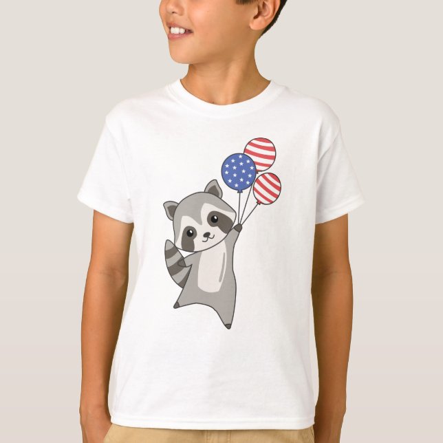 Raccoon Flies Balloons Usa Cute Animals Raccoons T Shirt (Framsida)