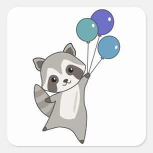 Raccoon flyger ballonger ovanför För barn för fris Fyrkantigt Klistermärke