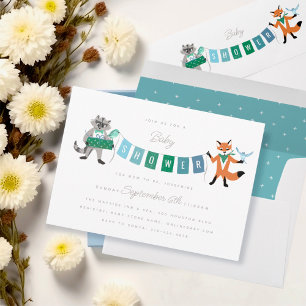 Raccoon Fox Forest Friends Blue Baby Shower Inbjudningar