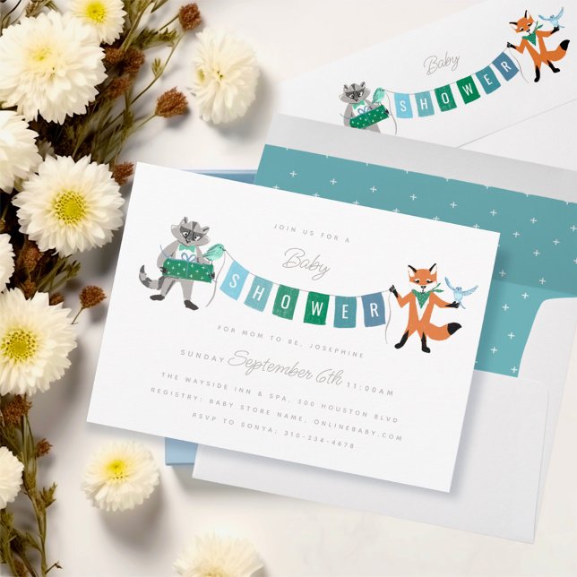 Raccoon Fox Forest Friends Blue Baby Shower Inbjudningar (Skapare uppladdad)