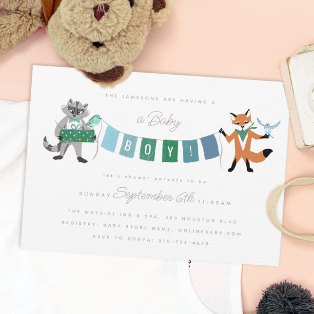 Raccoon Fox Forest Friends Boy Blue Shower Inbjudningar (Skapare uppladdad)