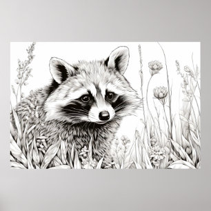 Raccoon fredliga naturen Prairie Sketch Teckning A Poster